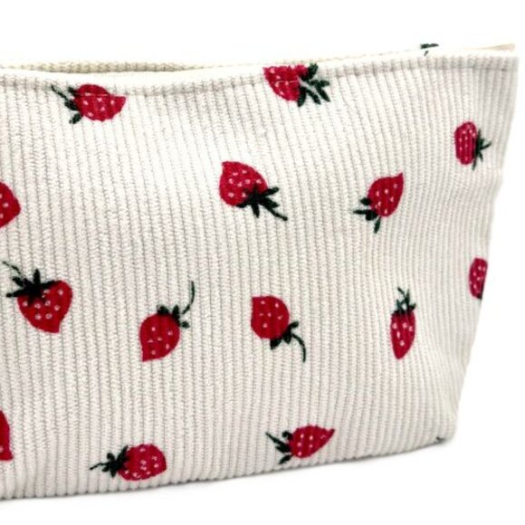 Cream Corduroy Strawberries Strawberry Pattern Zippered Pouch Makeup Travel Bag - Picture 2 of 5